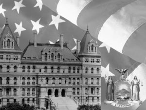 A black and white photo of the state capitol building.