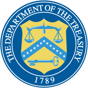 A blue and yellow seal with the words " department of the treasury 1 7 8 9 ".