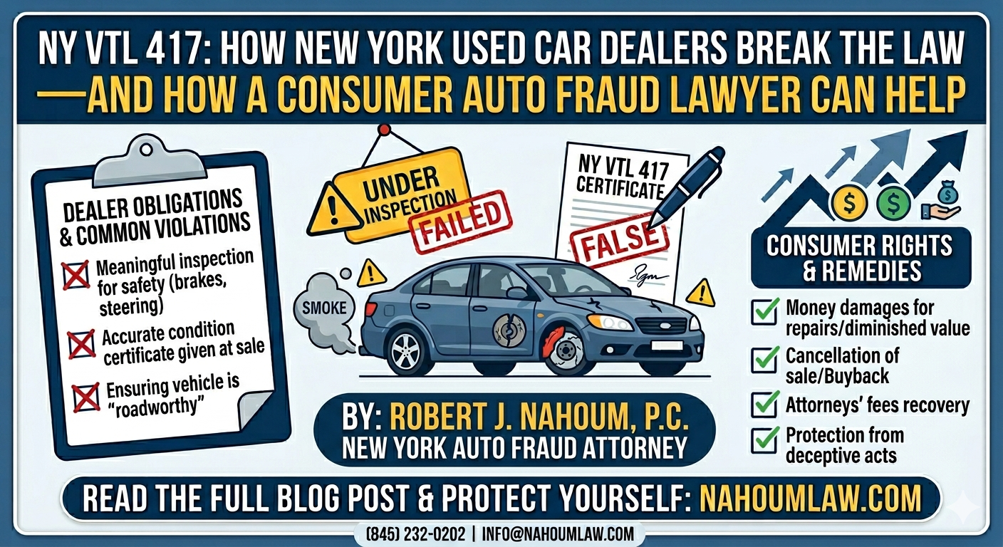 NY VTL 417: How New York Used Car Dealers Break the Law – And How a Consumer Auto Fraud Lawyer Can Help