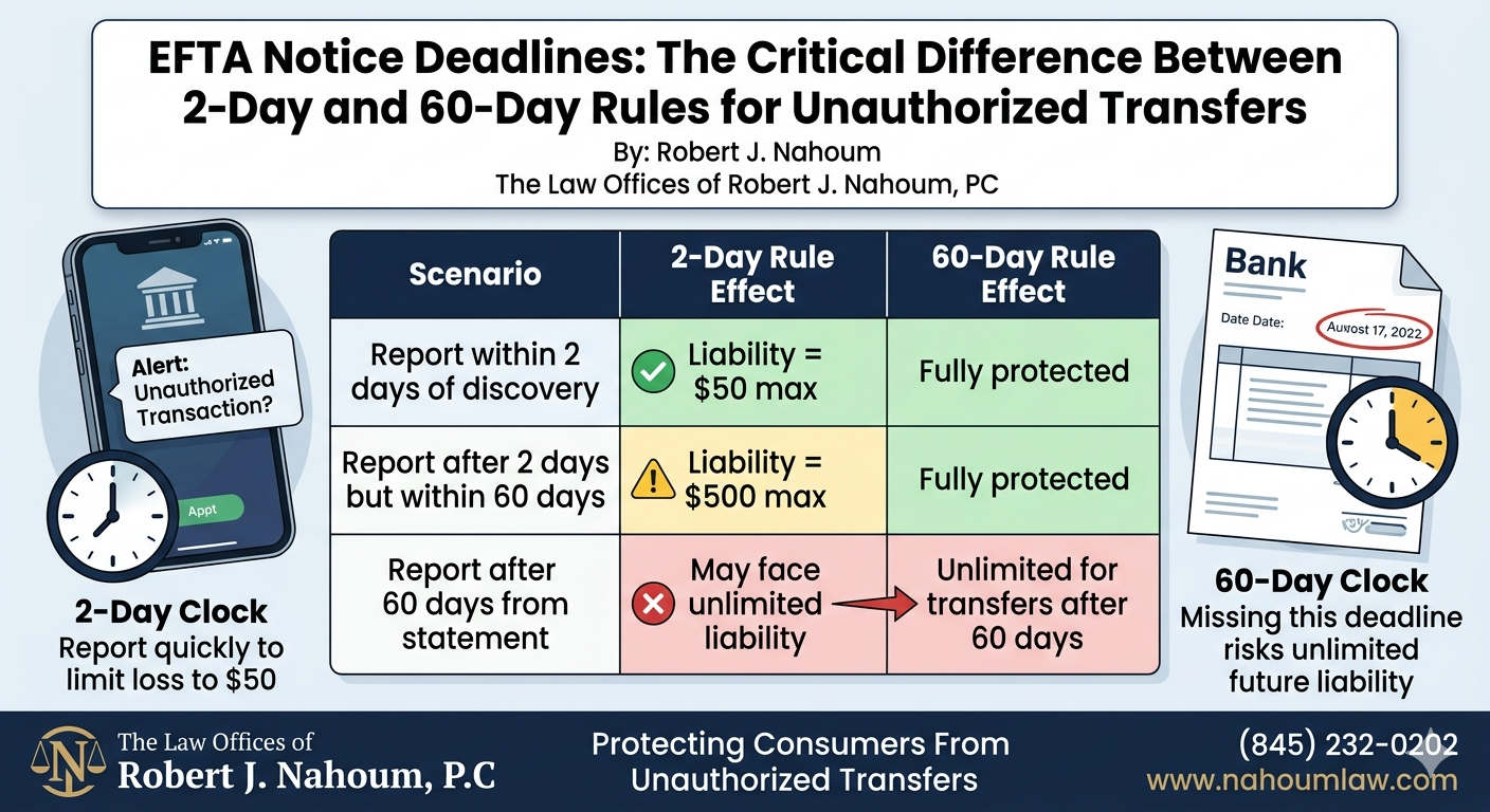EFTA Notice Deadlines: The Critical Difference Between 2-Day and 60-Day Rules for Unauthorized Transfers